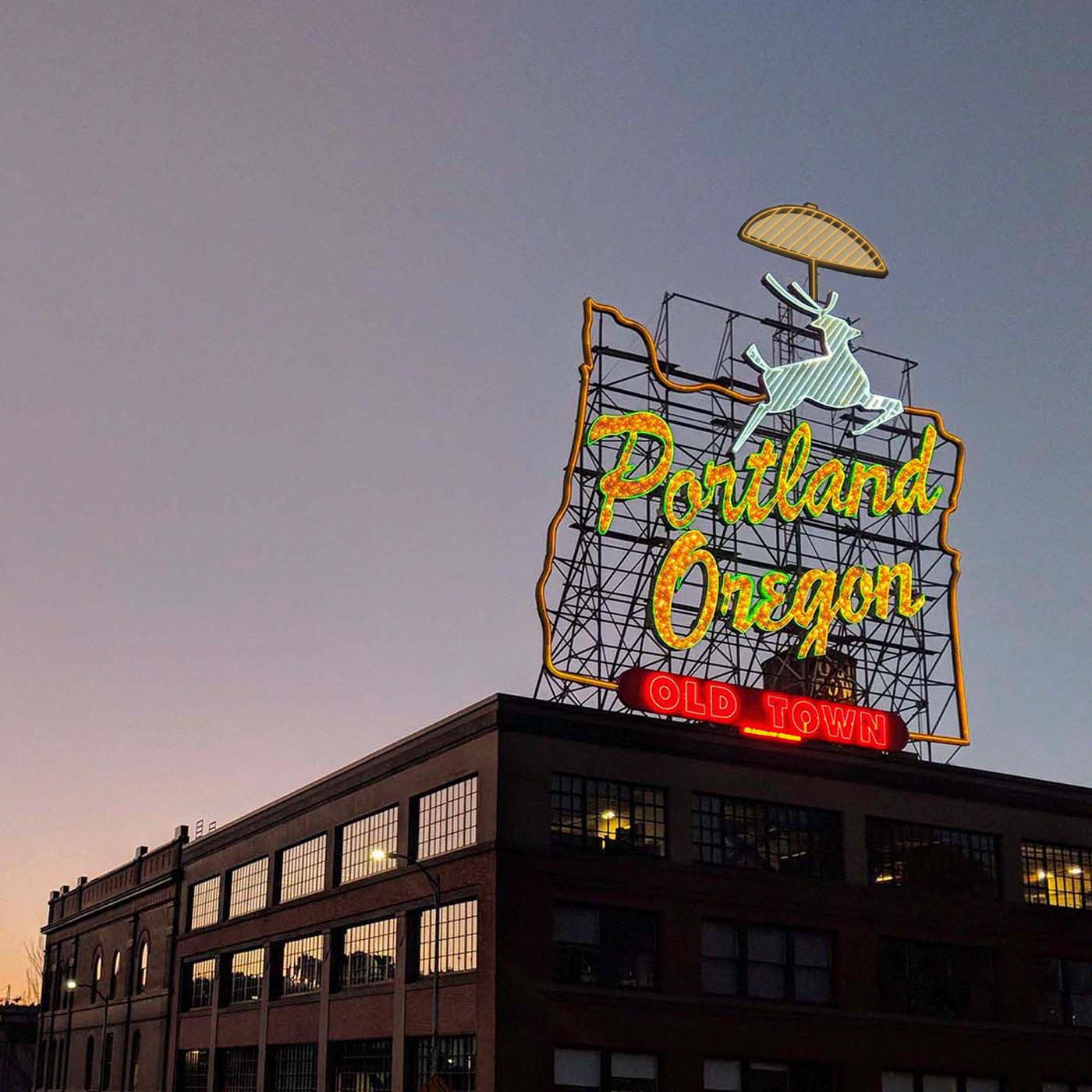 PORTLAND OREGON SIGN BY SHED RAIN