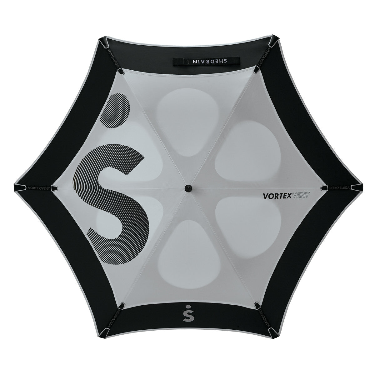 light grey and black vented double canopy wind-resistant three person golf umbrella with fiberglass frame and rubber grip, viewed from above with very large letter S logo