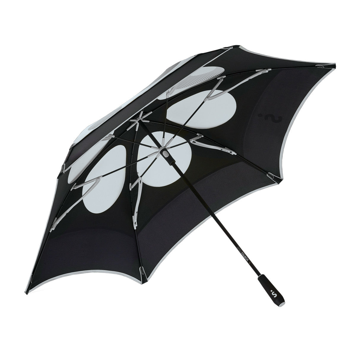 light grey and black vented double canopy wind-resistant three person golf umbrella with fiberglass frame and rubber grip, open on its side