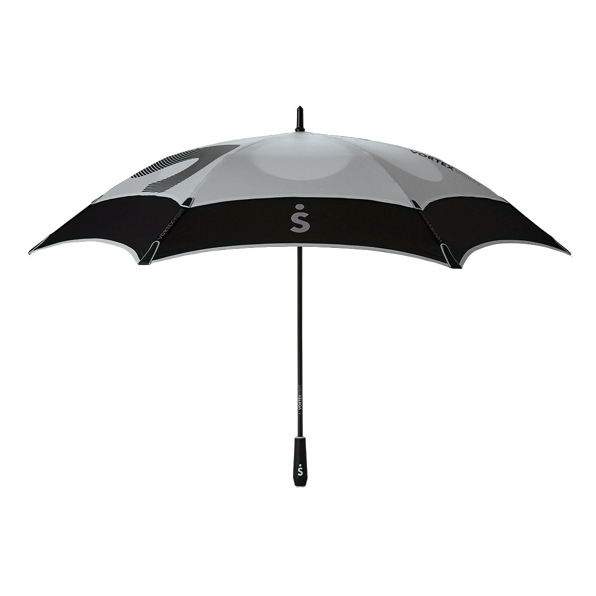 Light grey and black vented double canopy wind-resistant three person golf umbrella with fiberglass frame and rubber grip, viewed straight on