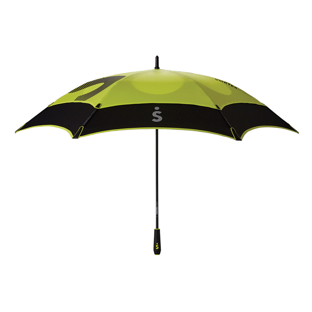 bright lime green and black vented double canopy wind-resistant three person golf umbrella with fiberglass frame and rubber grip, viewed straight on
