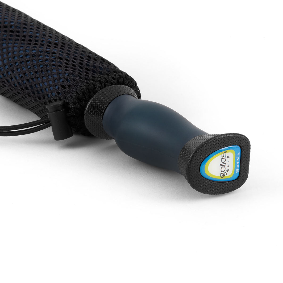 Close up image of a navy blue Gellas gel-filled cushion grip umbrella handle in its mesh bungee closure travel case
