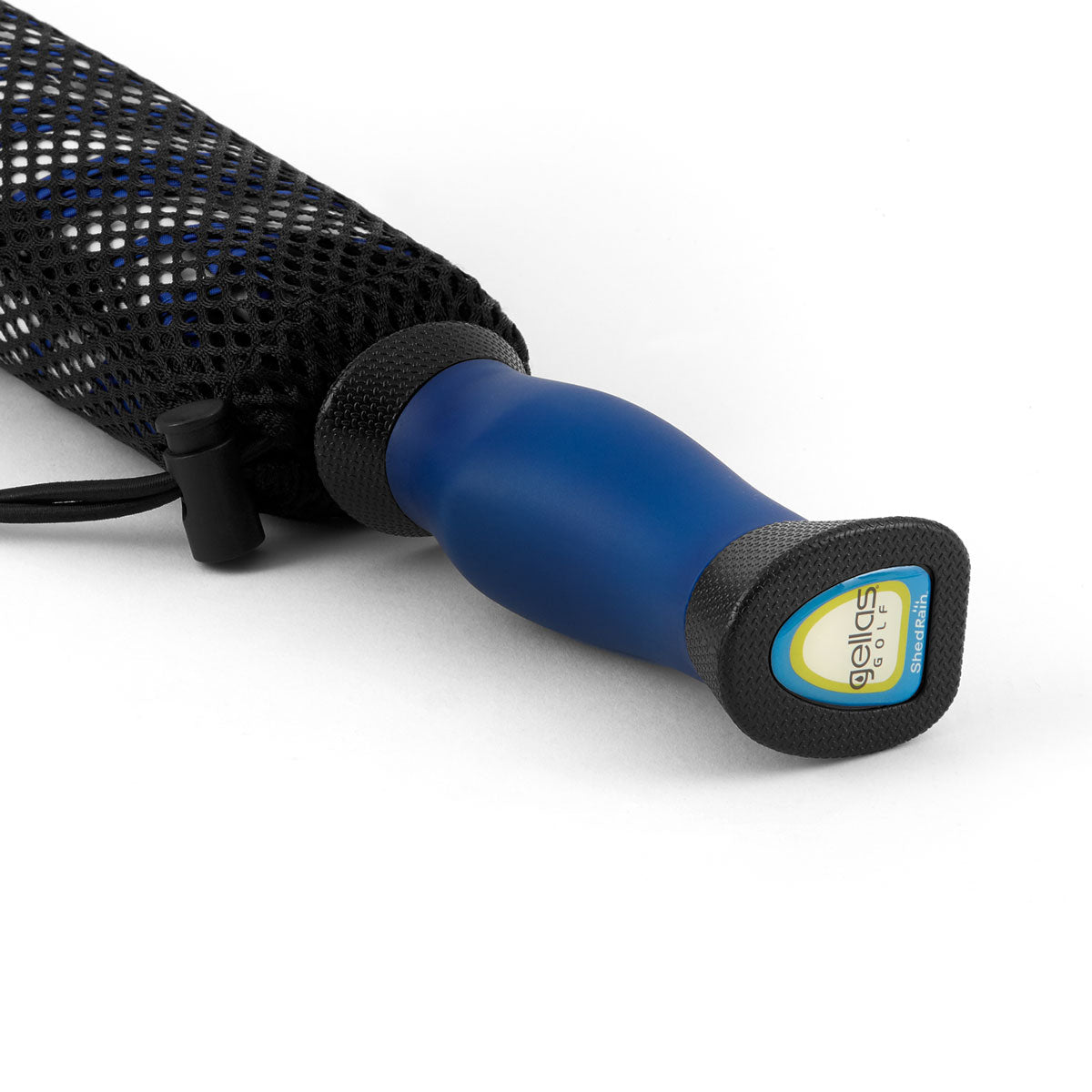 Close up image of a royal blue Gellas gel-filled cushion grip umbrella handle in its mesh bungee closure travel case