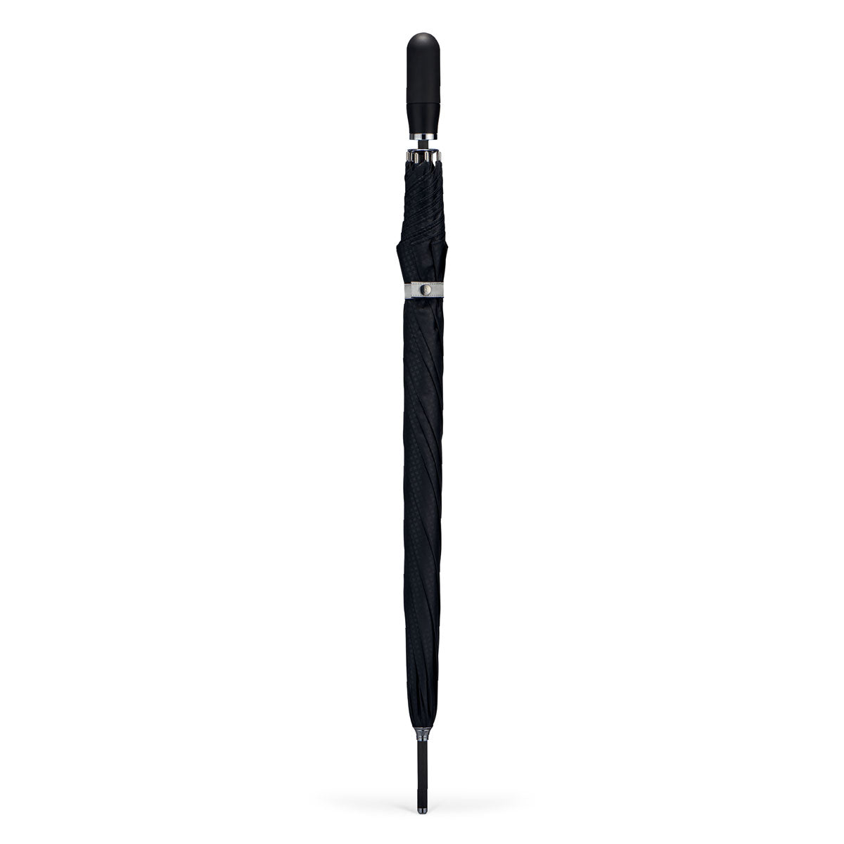 closed view of a handmade manual open luxury golf umbrella with a matte black TPR grip handle, Teflon-coated fine denier woven black polyester twill canopy, chrome trim, carbon fiber shaft, fiberglass ribs, and a reflective strap embroidered with “ShedRain Stratus.”