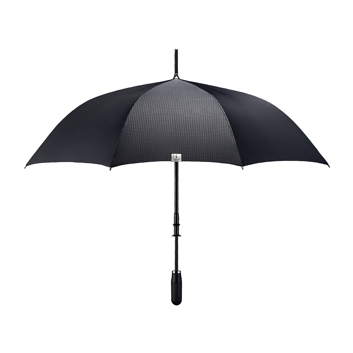 straight on view of a handmade manual open luxury golf umbrella with a matte black TPR grip handle, Teflon-coated fine denier woven black polyester twill canopy, chrome trim, carbon fiber shaft, fiberglass ribs, and a reflective strap embroidered with “ShedRain Stratus.”