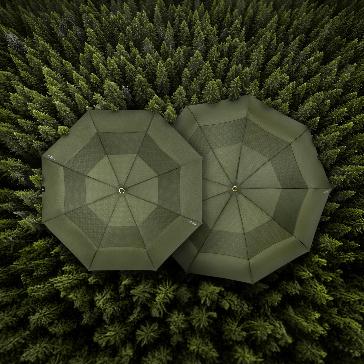 woman with large green umbrella on green background