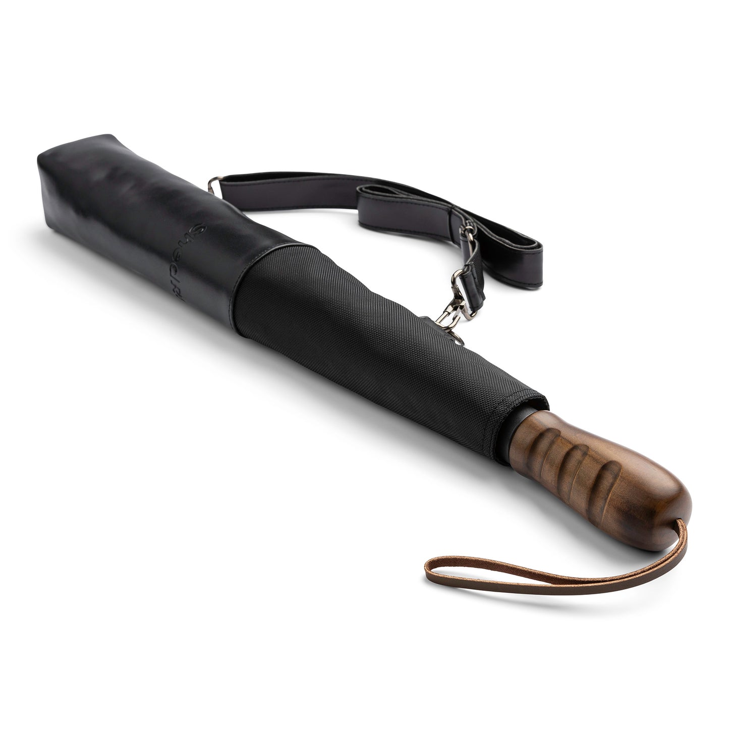 WindPro® Vented Auto Open 58" Arc Jumbo Compact Umbrella with Ergonomic Wood Grip and Shoulder Strap