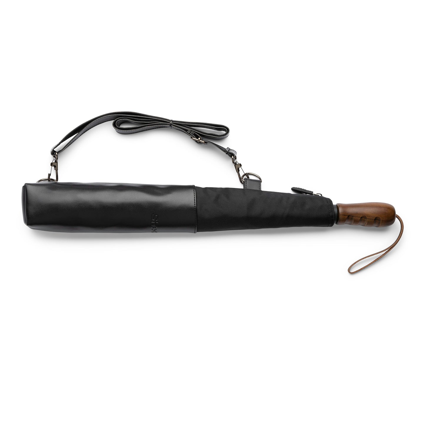 WindPro® Vented Auto Open 58" Arc Jumbo Compact Umbrella with Ergonomic Wood Grip and Shoulder Strap