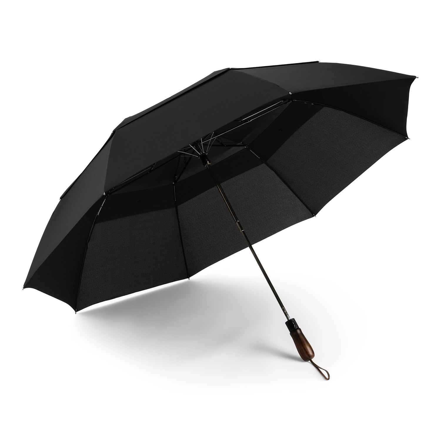 WindPro® Vented Auto Open 58" Arc Jumbo Compact Umbrella with Ergonomic Wood Grip and Shoulder Strap
