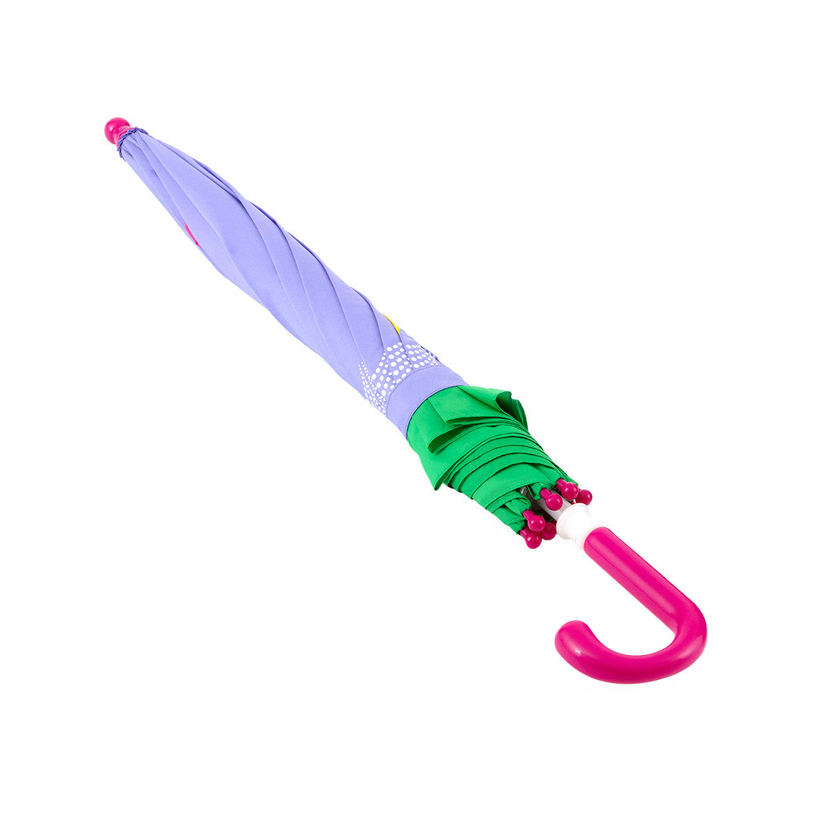 closed image of a brightly colored childrens umbrella in a lavender owl design with big eyes, green trim and pop-up fuchsia "ears" on top. matching fuchsia curved crook handle.
