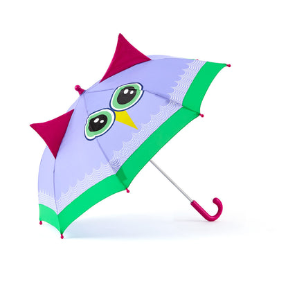 brightly colored childrens umbrella in a lavender owl design with big eyes, green trim and pop-up fuchsia "ears" on top. matching fuchsia curved crook handle.