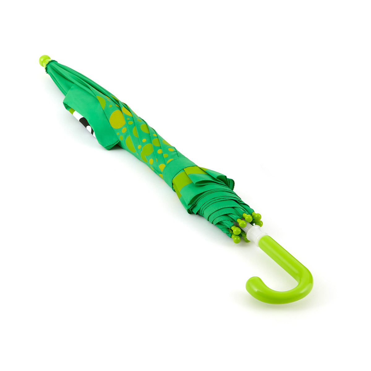 closed image of a brightly colored childrens umbrella in a kelly green frog design with a big red smile, lime green trim and pop-up eyeballs on top. matching lime green curved crook handle.