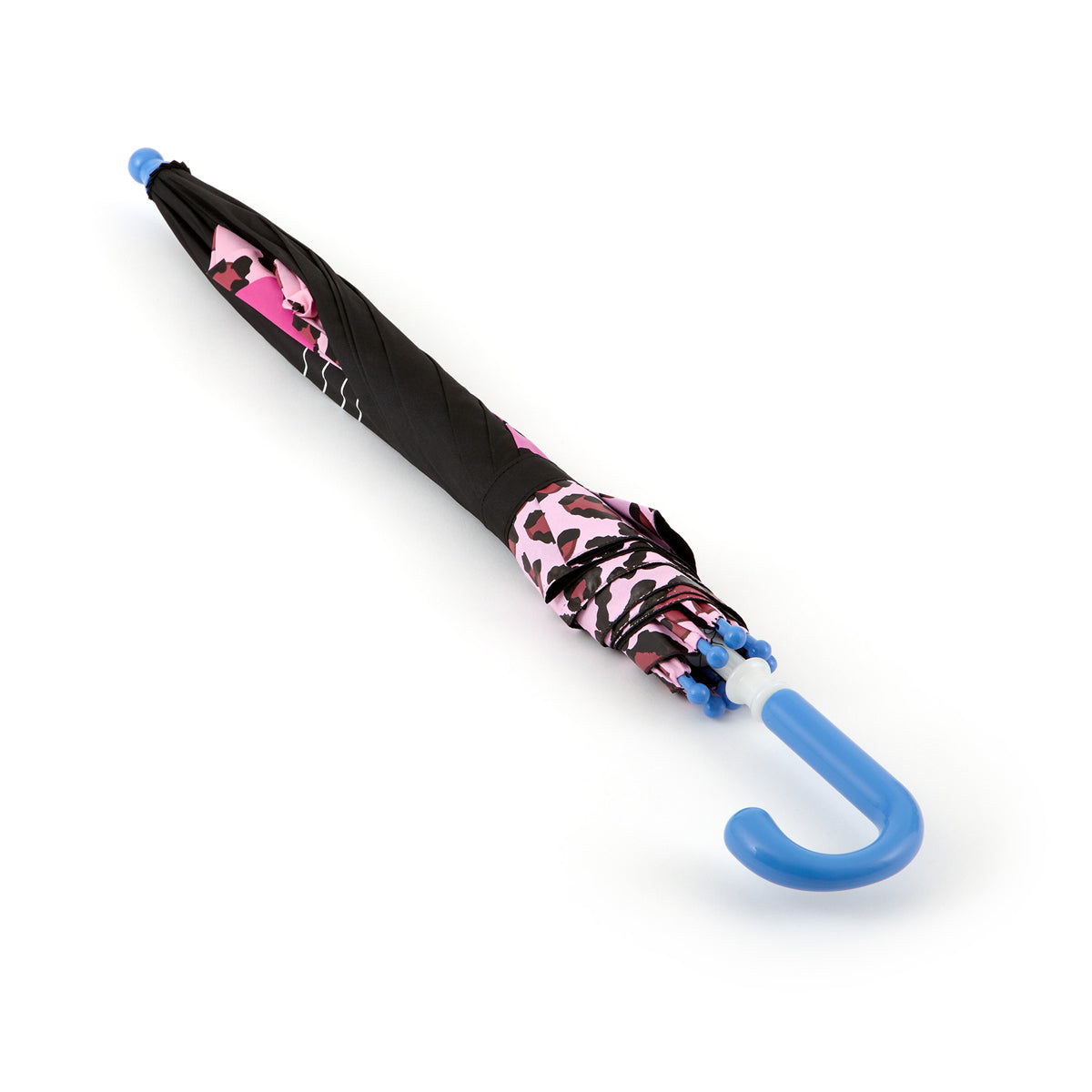 closed image of a brightly colored childrens umbrella in a black and pink cat design with big blue eyes, whiskers, pink leopard print trim and pop-up kitty ears on top. matching bright blue curved crook handle.