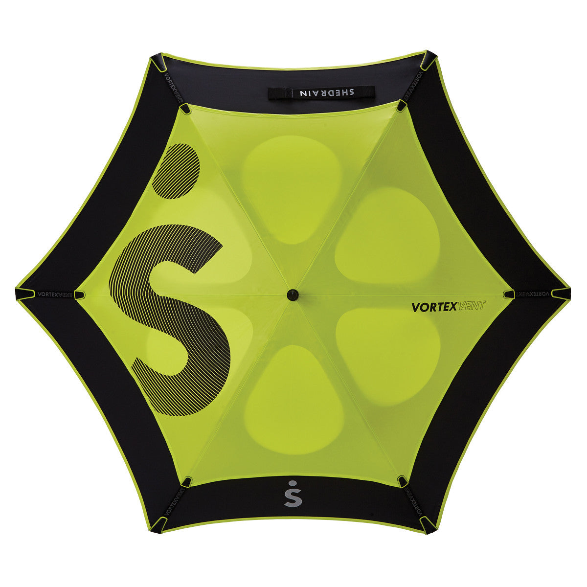 bright lime green and black vented double canopy wind-resistant three person golf umbrella with fiberglass frame and rubber grip, viewed from above with very large letter S logo