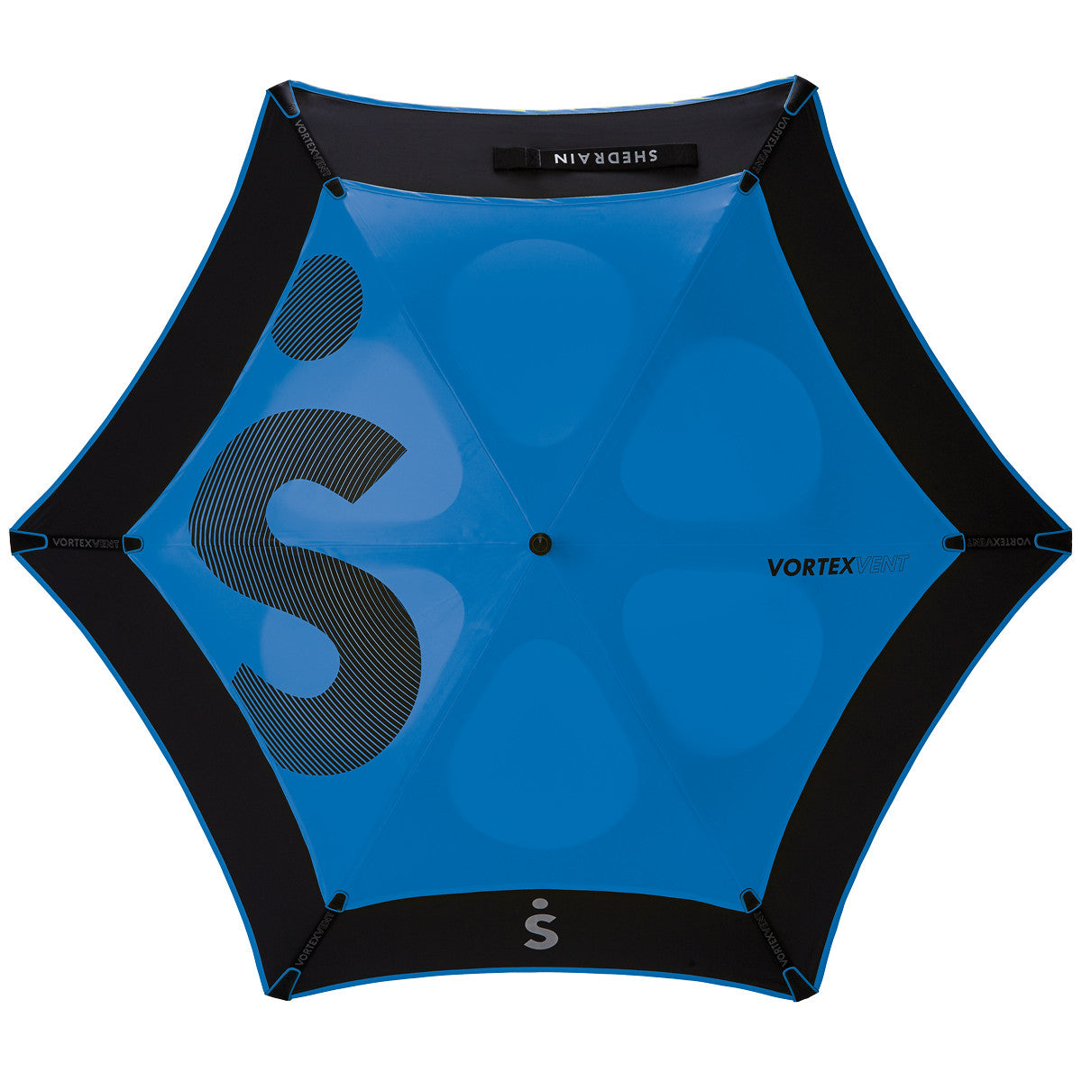 bright blue and black vented double canopy wind-resistant three person Vortex Vent golf umbrella with fiberglass frame and rubber grip, viewed from above with very large letter S dot logo