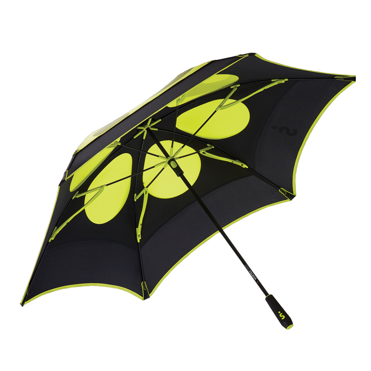 bright lime green and black vented double canopy wind-resistant three person Vortex Vent golf umbrella with black and lime green fiberglass frame and rubber grip, open, as viewed from the underside