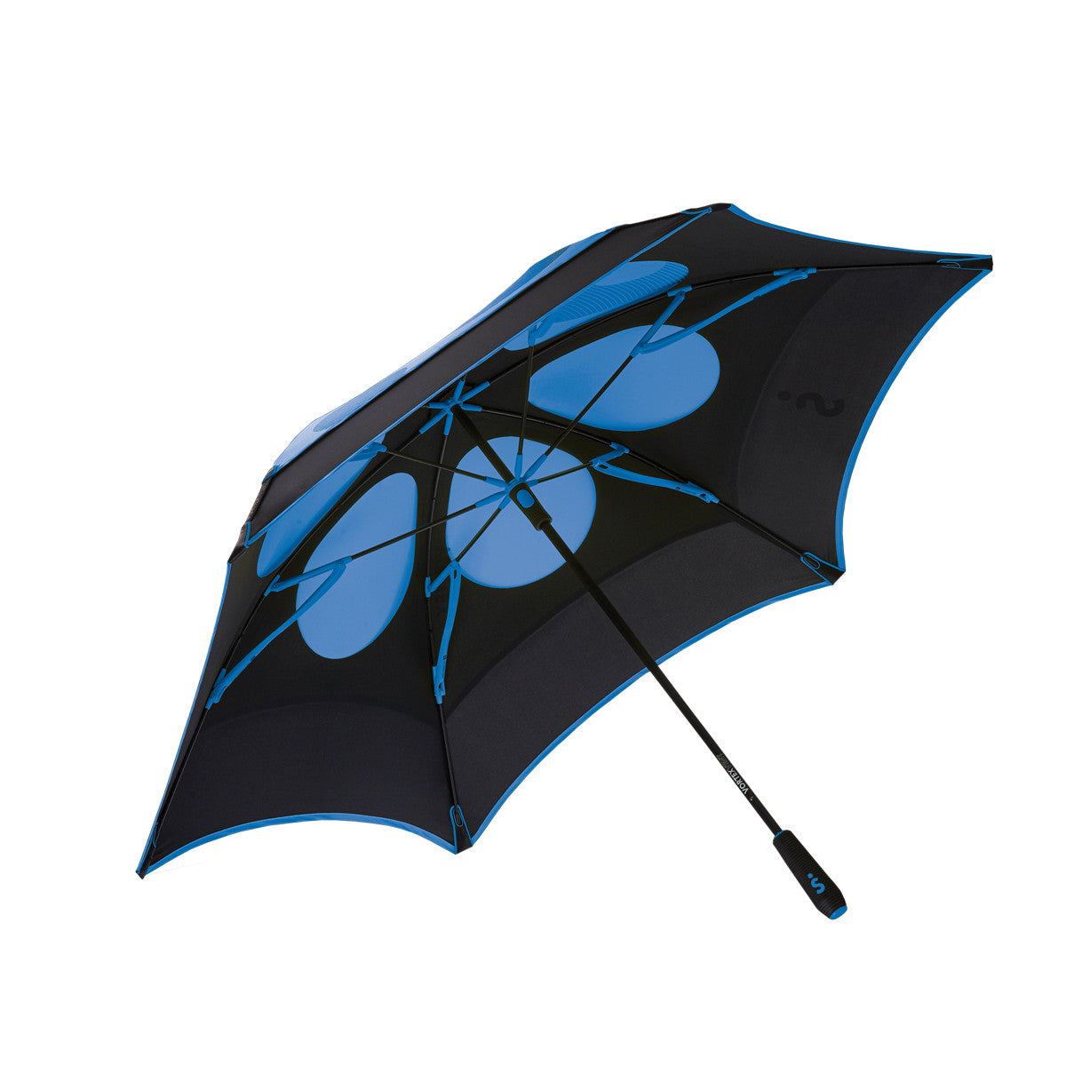 bright blue and black vented double canopy wind-resistant three person Vortex Vent golf umbrella with black and blue fiberglass frame and rubber grip, open, as viewed from the underside