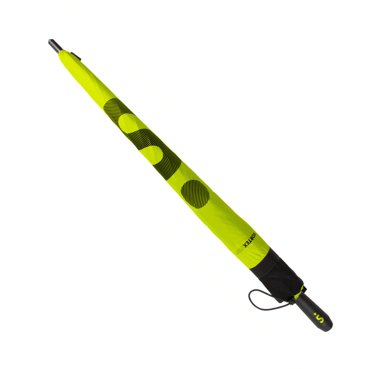bright lime green and black vented double canopy wind-resistant three person golf umbrella with fiberglass frame and rubber grip, in a matching case with very large letter S logo