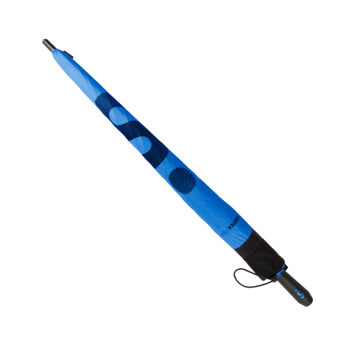 bright blue and black vented double canopy wind-resistant three person golf umbrella closed, in a matching case printed with very large letter S dot logo