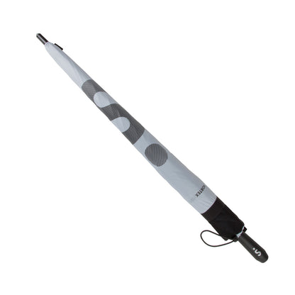 light grey and black vented double canopy wind-resistant three person golf umbrella with fiberglass frame and rubber grip, in a matching case with very large letter S logo