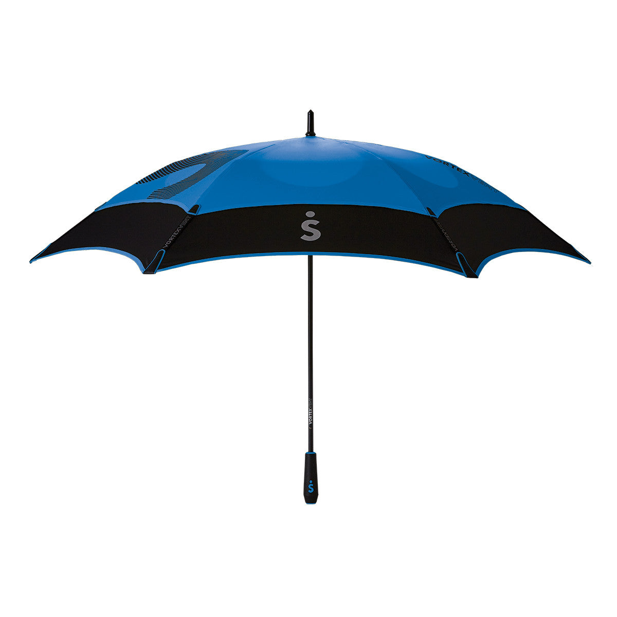 bright blue and black vented double canopy wind-resistant three person Vortex Vent golf umbrella with fiberglass frame and rubber grip, viewed straight on