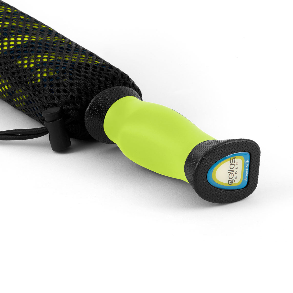 Close up image of a navy blue and lime Gellas gel-filled cushion grip umbrella handle in its mesh bungee closure travel case 