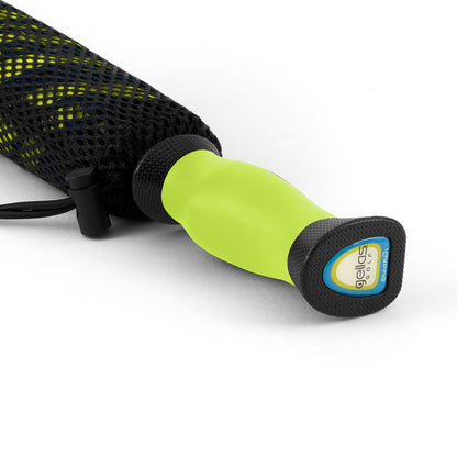 Close up image of a navy blue and lime Gellas gel-filled cushion grip umbrella handle in its mesh bungee closure travel case 