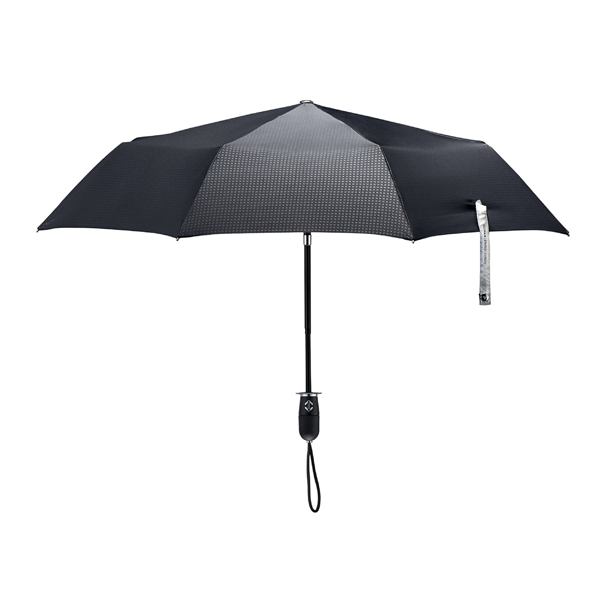 straight on view of a handmade auto open auto close open compact luxury umbrella with a matte black TPR grip handle containing a chrome double arrow button, detachable waxed cotton wrist strap, Teflon-coated fine denier woven black polyester twill canopy, chrome trim, Trilobe aircraft aluminum shaft, fiberglass ribs, and a reflective strap embroidered with “ShedRain Stratus.”