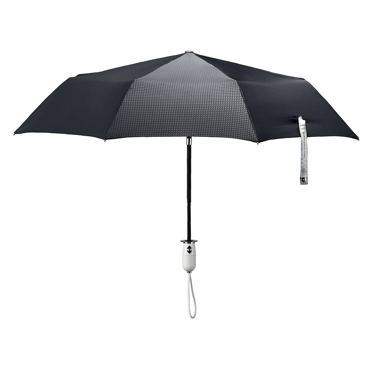 Straight on view of a high end compact black umbrella with chrome details and a shiny white handle