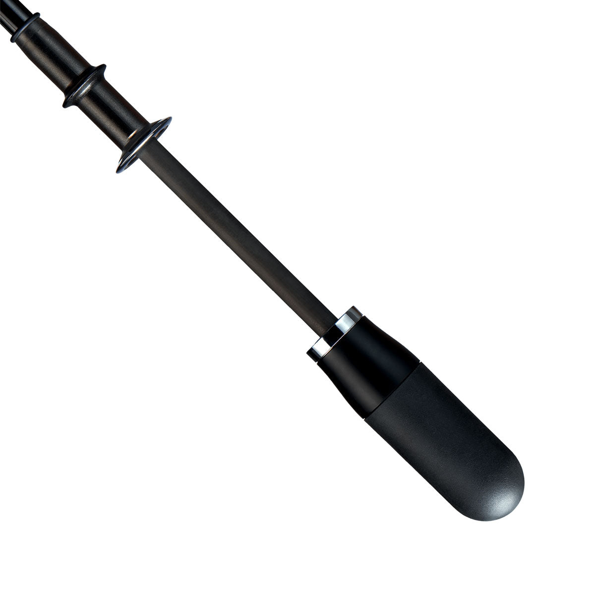 straight on view of a handmade manual open luxury golf umbrella with a matte black TPR grip handle, Teflon-coated fine denier woven black polyester twill canopy, chrome trim, carbon fiber shaft, fiberglass ribs, and a reflective strap embroidered with “ShedRain Stratus" with a close-up on the handle and shaft. 