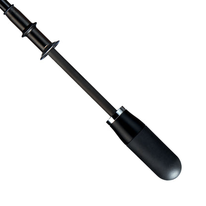 straight on view of a handmade manual open luxury golf umbrella with a matte black TPR grip handle, Teflon-coated fine denier woven black polyester twill canopy, chrome trim, carbon fiber shaft, fiberglass ribs, and a reflective strap embroidered with “ShedRain Stratus" with a close-up on the handle and shaft. 