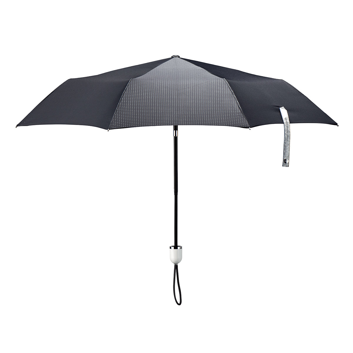 straight on view of a handmade manual open compact luxury umbrella with a glossy piano finish bright white handle, detachable waxed cotton wrist strap, Teflon-coated fine denier woven black polyester twill canopy, chrome trim, Trilobe aircraft aluminum shaft, fiberglass ribs, and a reflective strap embroidered with “ShedRain Stratus.”