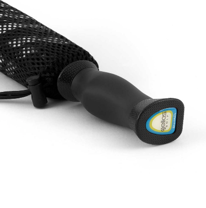 Close up image of a black Gellas gel-filled cushion grip umbrella handle in its mesh bungee closure travel case 