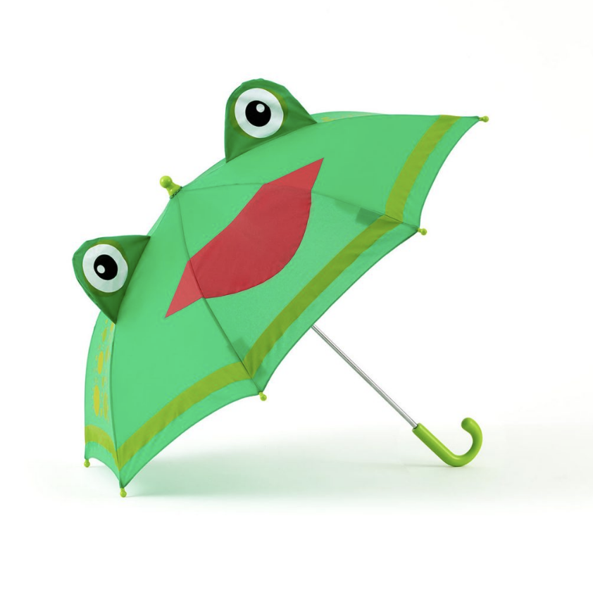 brightly colored childrens umbrella in a kelly green frog design with a big red smile, lime green trim and pop-up eyeballs on top. matching lime green curved crook handle.