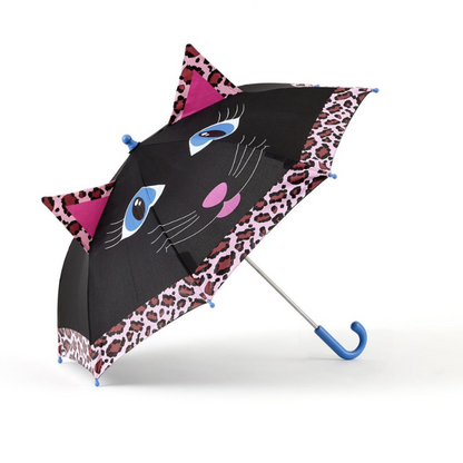 brightly colored childrens umbrella in a black and pink cat design with big blue eyes, whiskers, pink leopard print trim and pop-up kitty ears on top. matching bright blue curved crook handle.